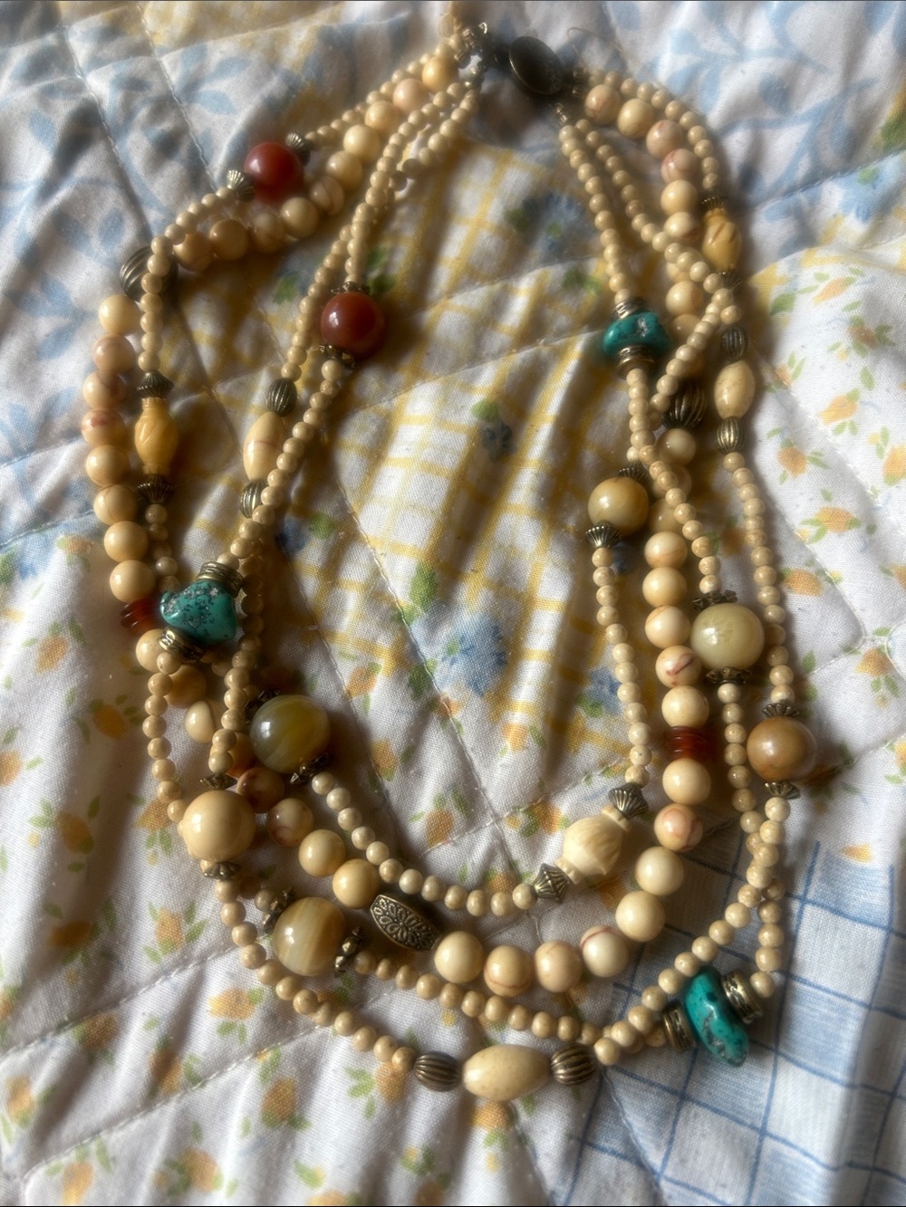 Layered Cream Bead Necklace with Turquoise & Coral Accents